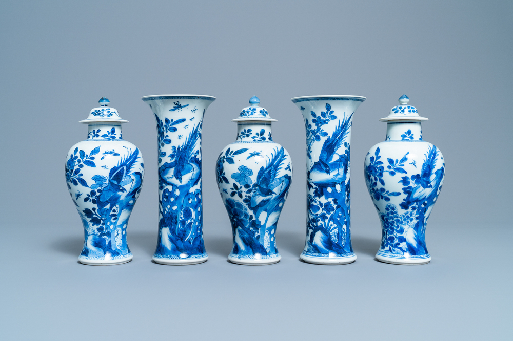 A Chinese blue and white five-piece garniture, Kangxi