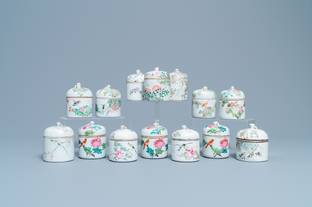 A collection of 14 Chinese qianjiang cai wine cup warmers, 19/20th C.