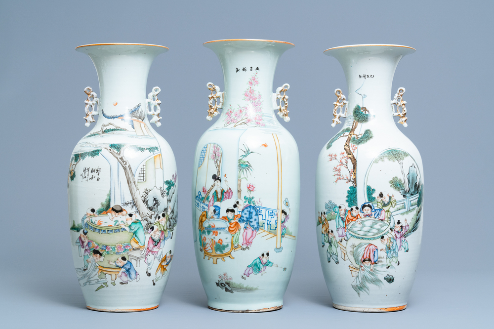 Three Chinese famille rose vases with boys near fish bowls, 19/20th C.