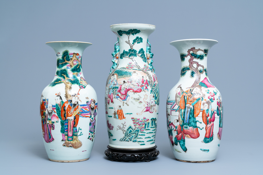 Three Chinese famille rose vases, 19th C.