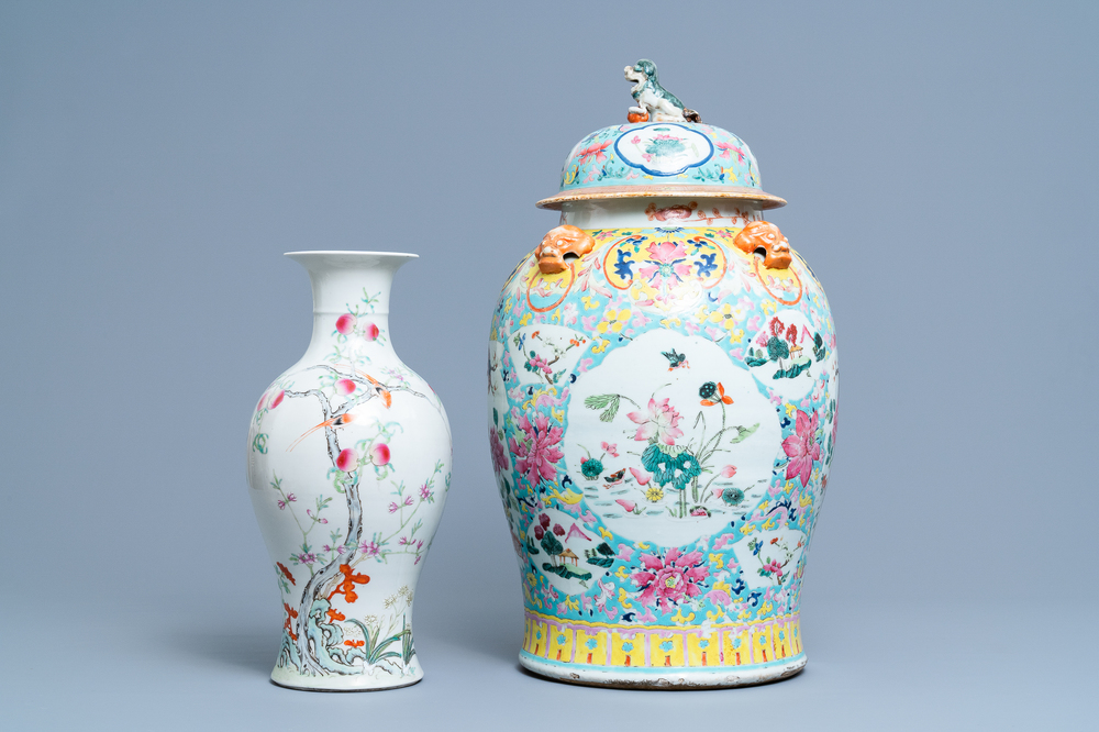 A Chinese famille rose covered vase and a vase with birds and peaches, 19/20th C.