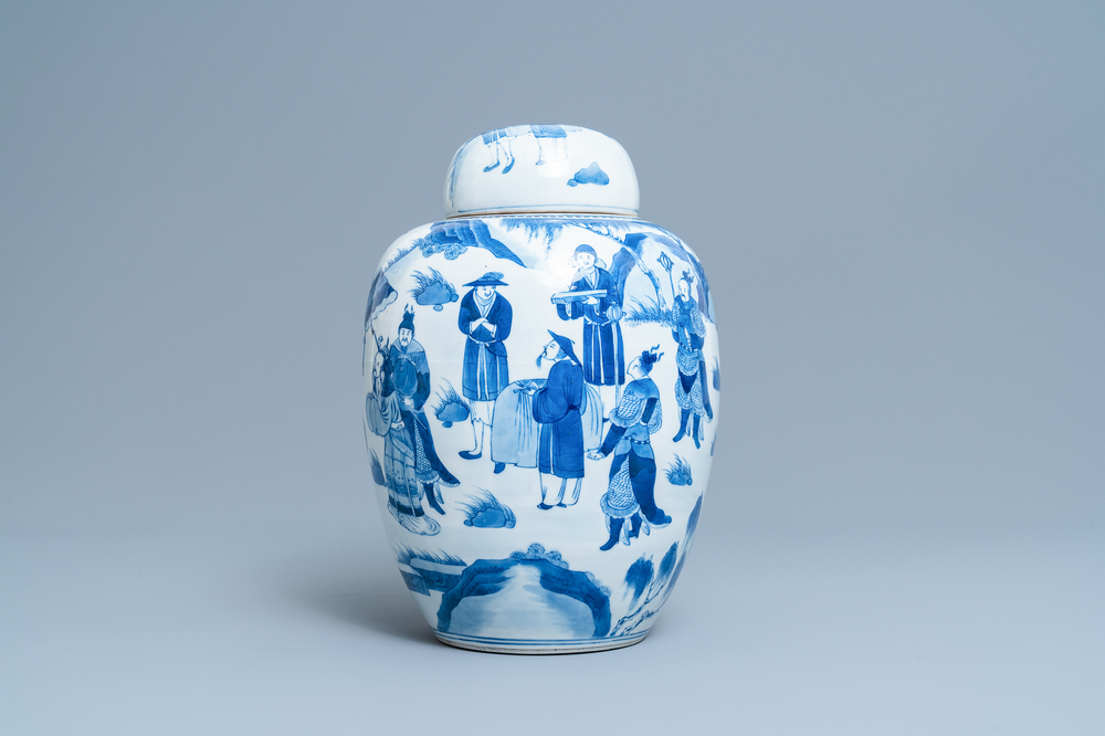 A Chinese blue and white covered jar with figures in a landscape, 19th C.