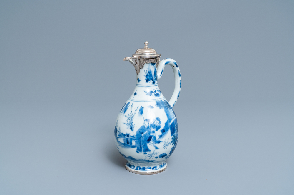 A Chinese blue and white silver-mounted ewer, Transitional period