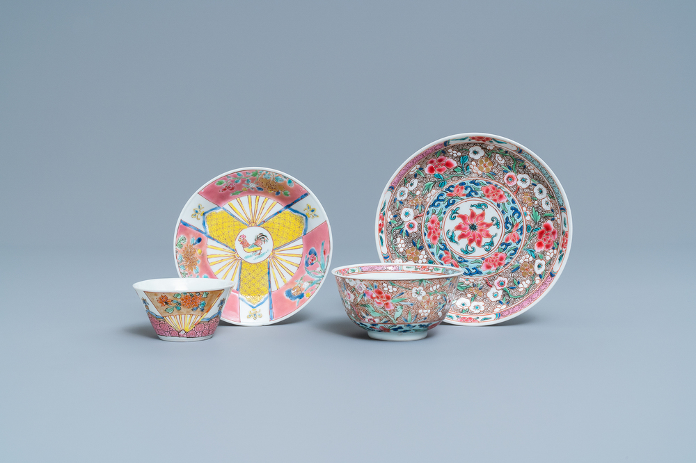 Two Chinese famille rose cups and saucers, Yongzheng