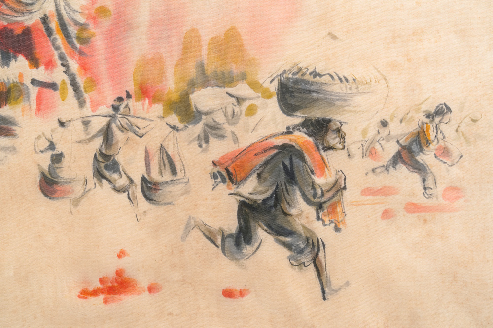 Tu Duyen (Vietnam, 1915-2012), ink and watercolour on silk: 'Palm and napalm', dated 1969