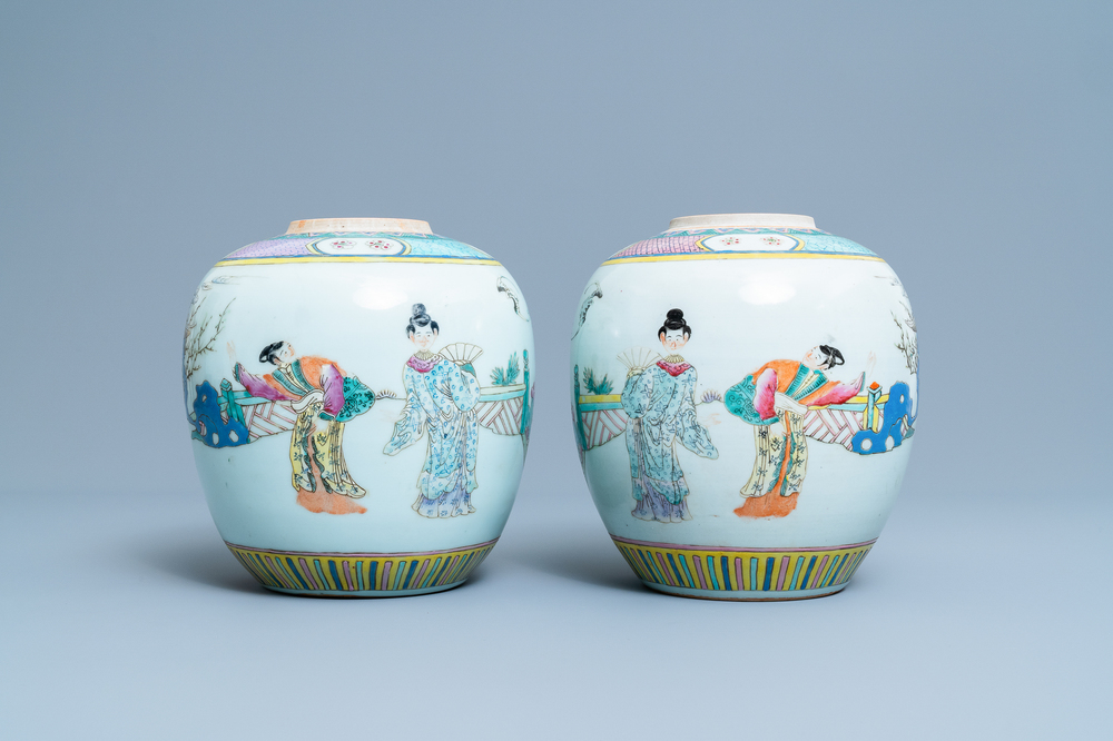 A pair of Chinese famille rose jars with narrative scenes, 19/20th C.