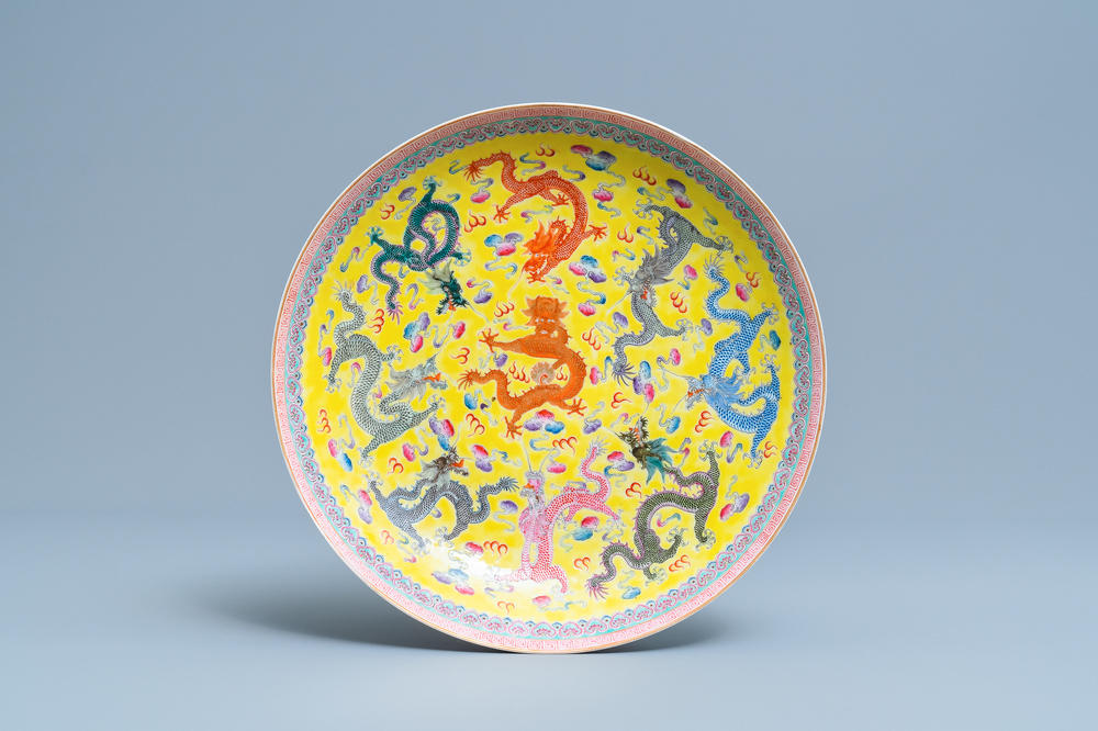 A Chinese famille rose yellow-ground 'dragon' dish, Qianlong mark, Republic