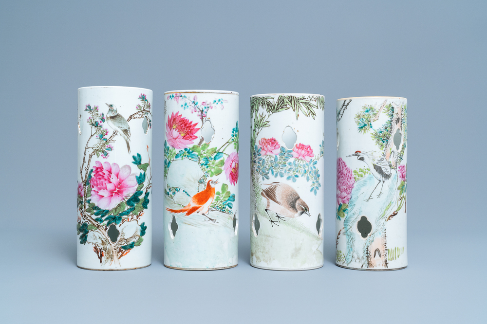 Four reticulated Chinese qianjiang cai hat stands, 19/20th C.