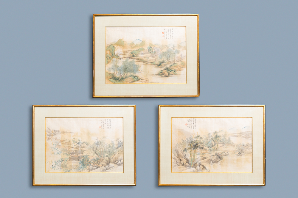 Chinese school, ink and colour on silk, 20th C.: 'Three landscape views'