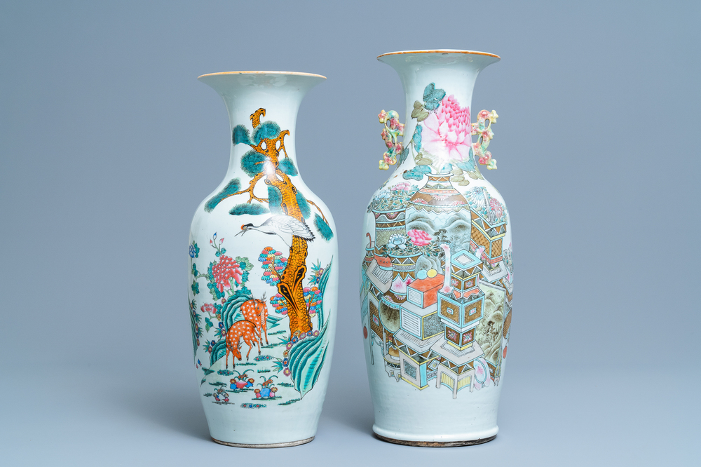 Two Chinese famille rose and qianjiang cai vases, 19/20th C.