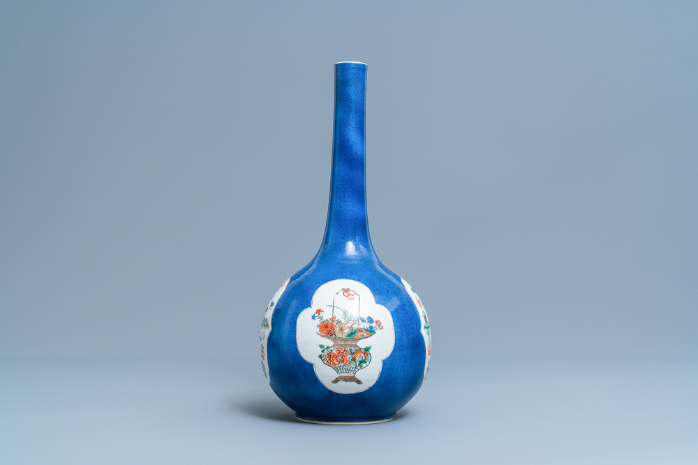 A Chinese famille verte powder blue-ground bottle vase, Kangxi