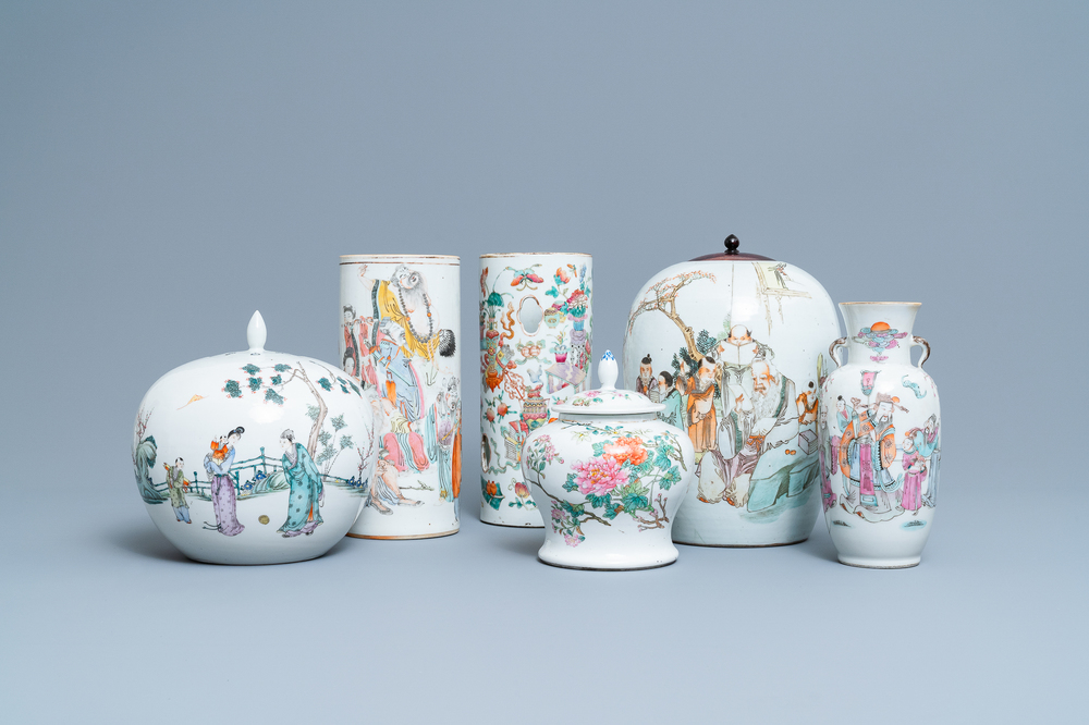 Six various Chinese famille rose and qianjiang cai vases, 19/20th C.