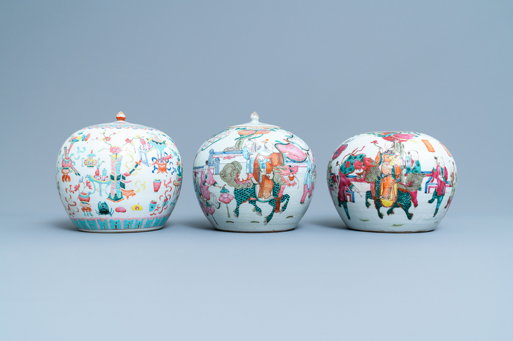 Three Chinese famille rose jars, 19th C.
