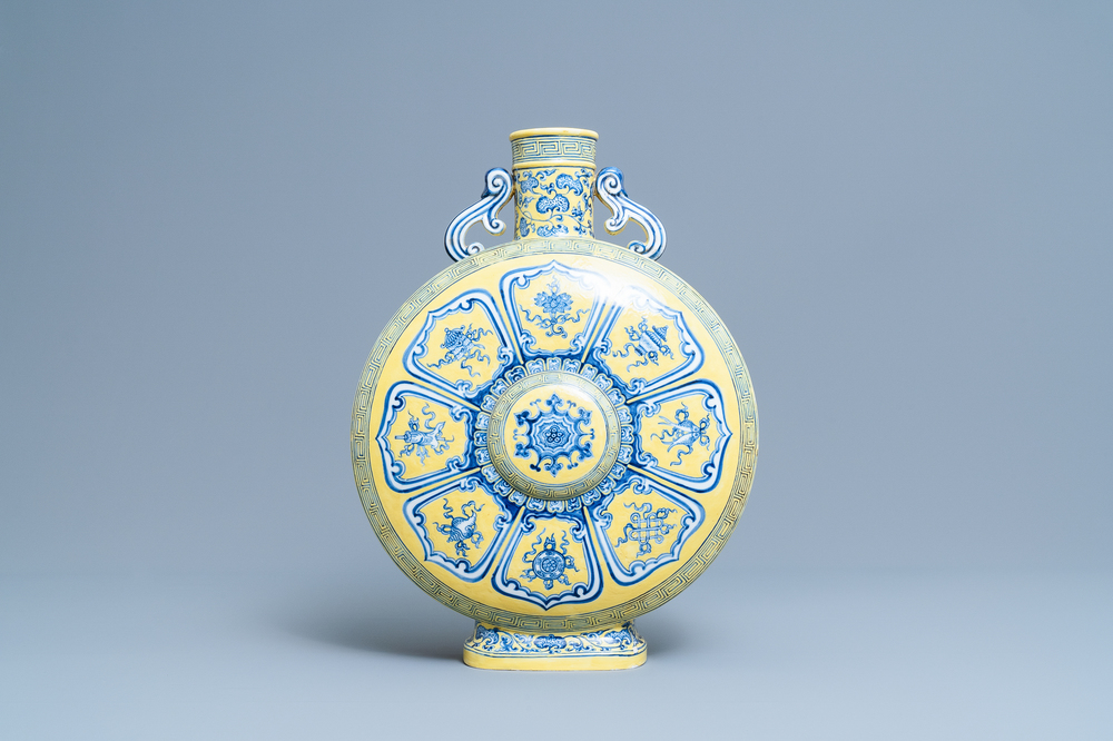 A Chinese yellow-ground blue and white 'Bajixiang' moon flask vase, Yongzheng mark, 19/20th C.