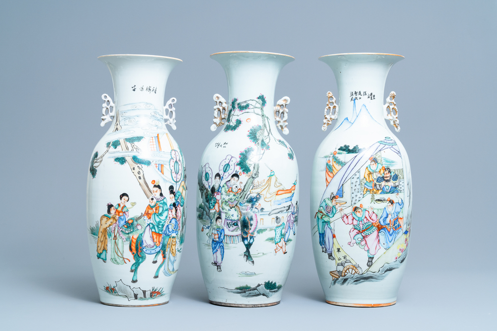 Three Chinese famille rose vases with narrative scenes, 19/20th C.