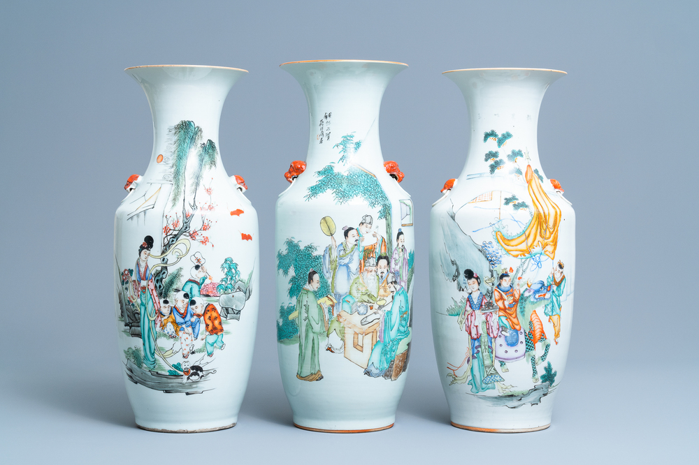 Three Chinese famille rose vases with narrative scenes, 19/20th C.