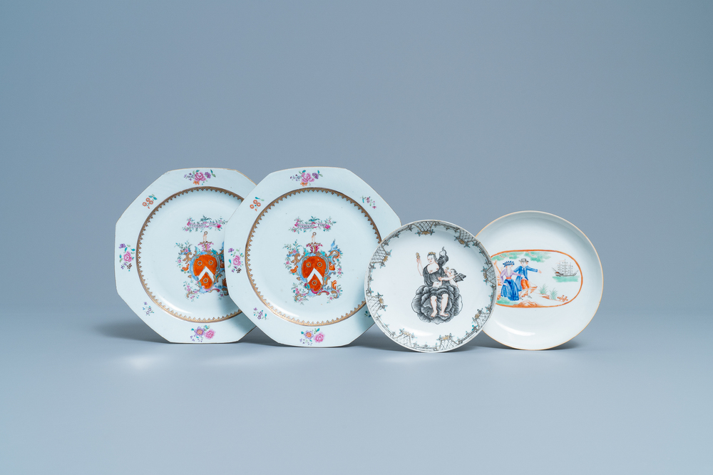 Une paire d'assiettes armori&eacute;es, une coupe en grisaille et une &agrave; d&eacute;cor de 'L'adieu du marin', Chine, Qianlong