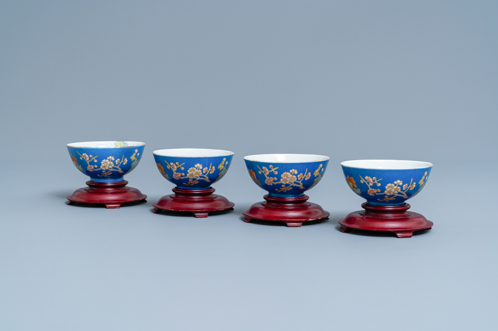 Four Chinese blue-ground bowls with floral designs, Yongzheng mark, Republic