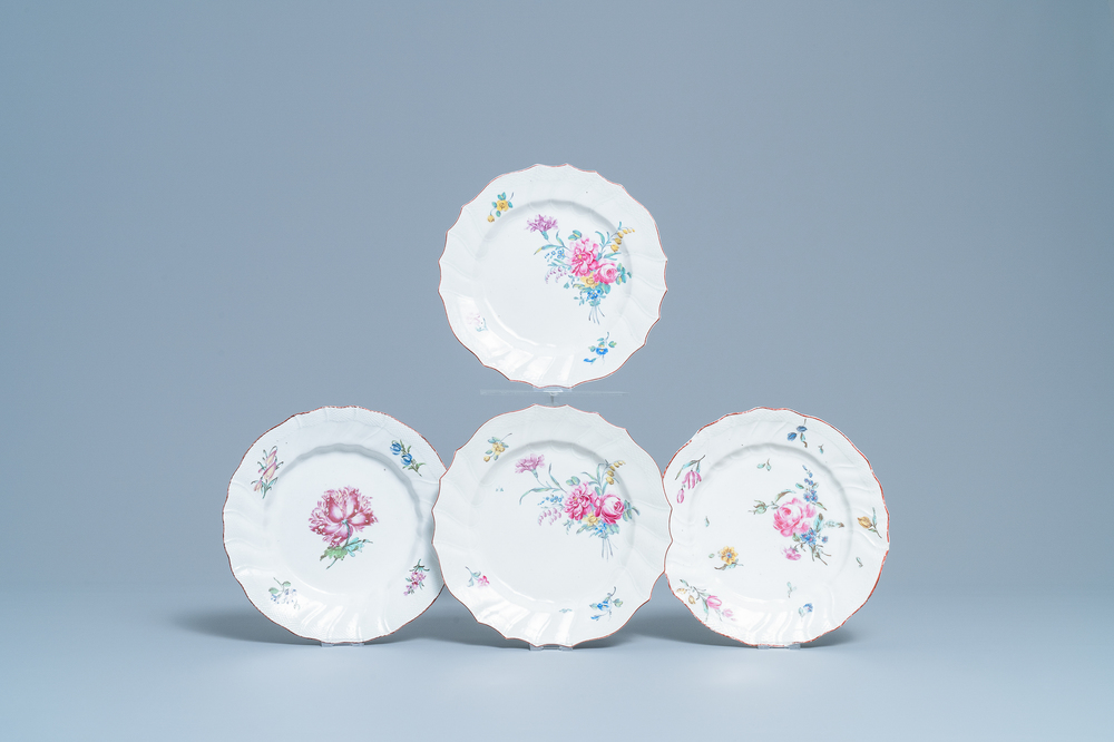 Four polychrome Tournai porcelain plates with flowers, 18th C.