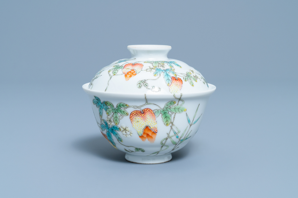 A Chinese famille rose 'balsam pear' bowl and cover, Jiaqing mark, Republic