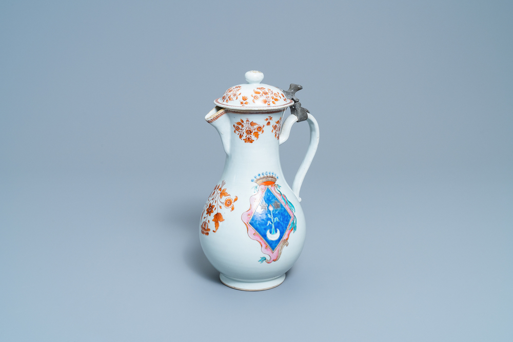 A Chinese French market famille rose ewer and cover with the arms of de Faverolles, Qianlong