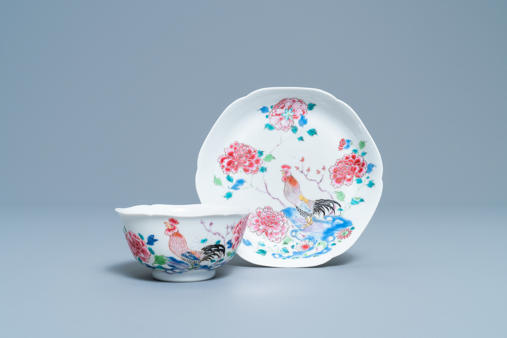 A Chinese famille rose 'rooster' cup and saucer, Yongzheng