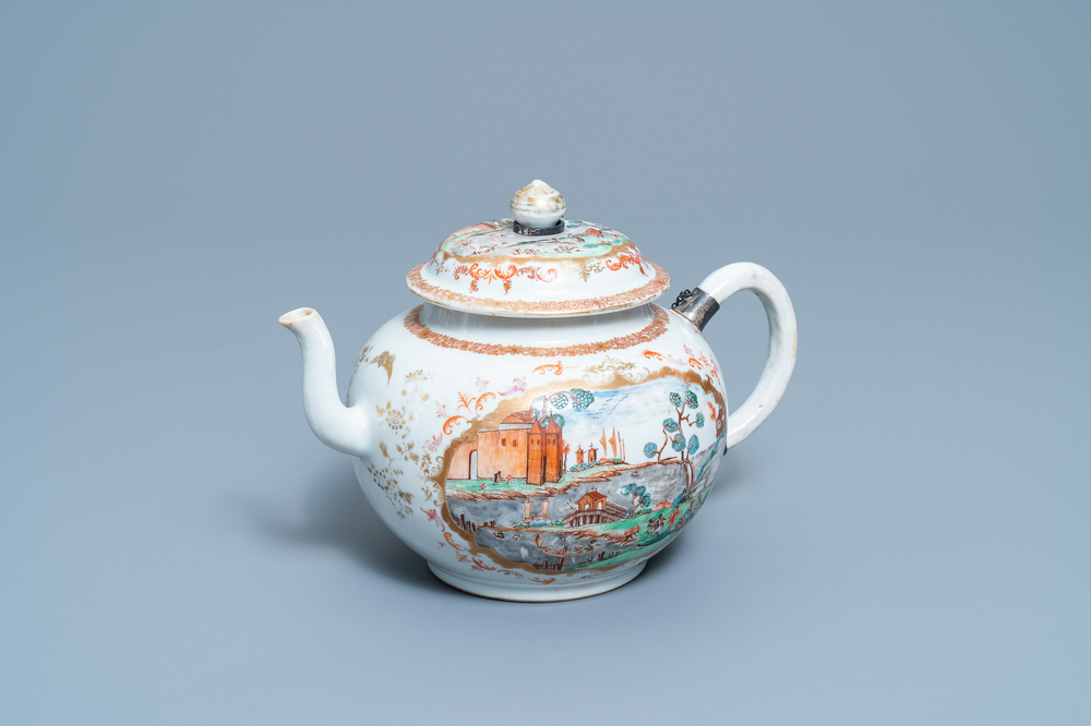 A large Chinese famille rose Meissen-style teapot and cover, Qianlong