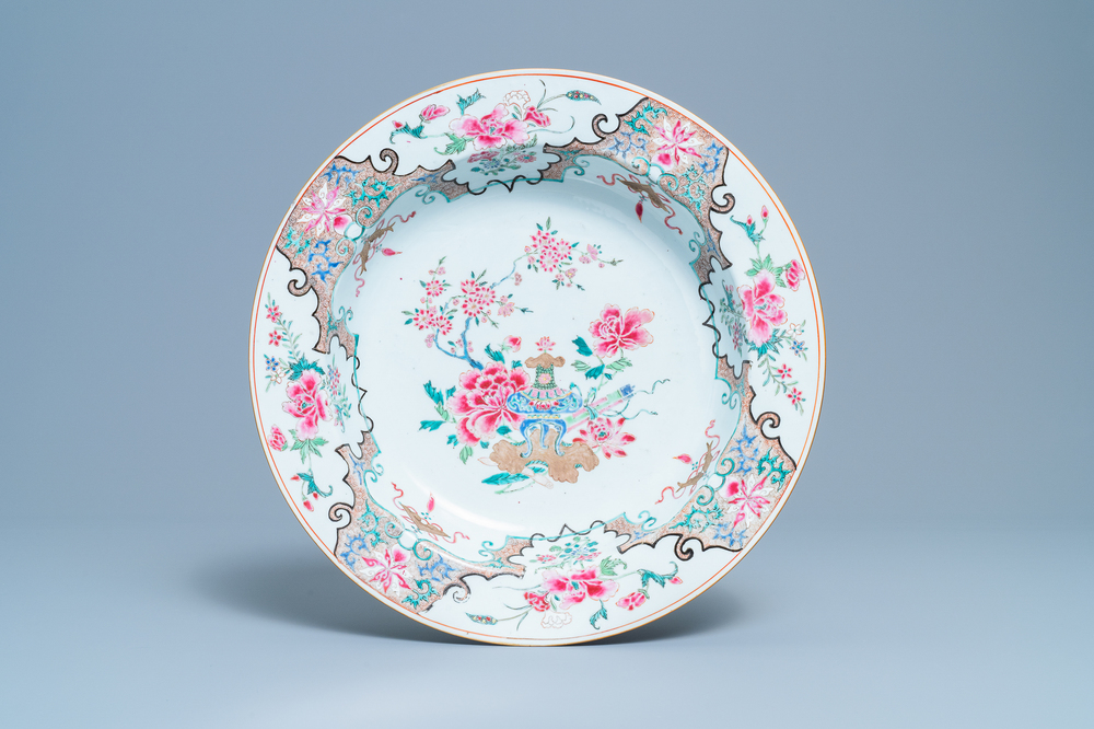 A large and deep Chinese famille rose dish, Yongzheng