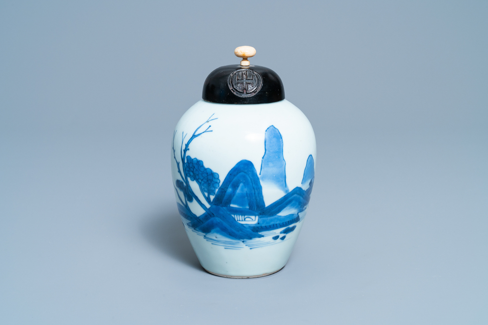 A Chinese blue and white 'landscape' jar, Transitional period