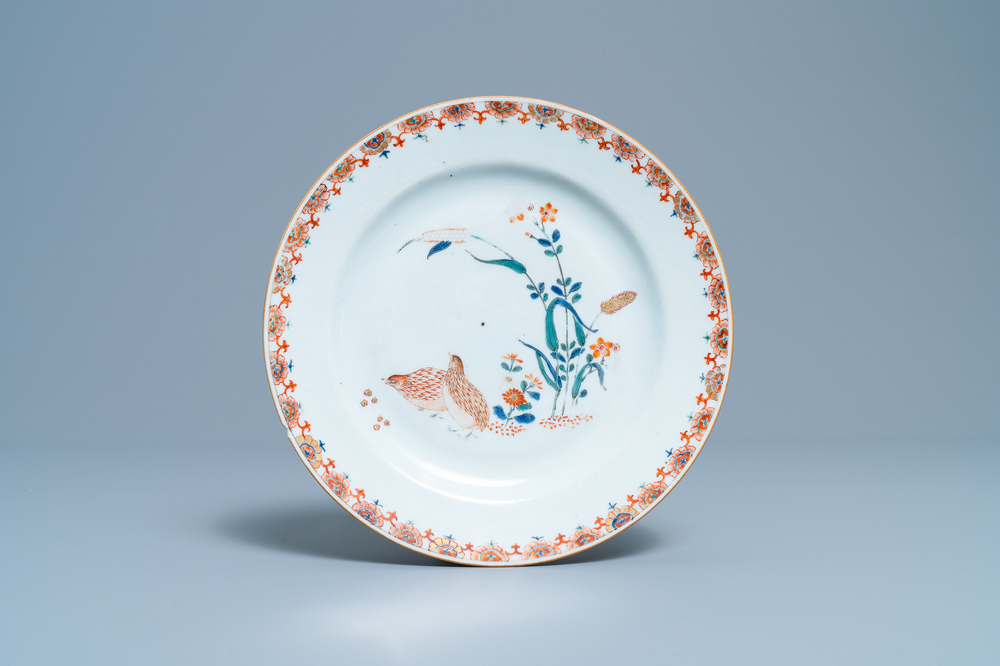 A fine Chinese Kakiemon-style 'quails' plate, Qianlong