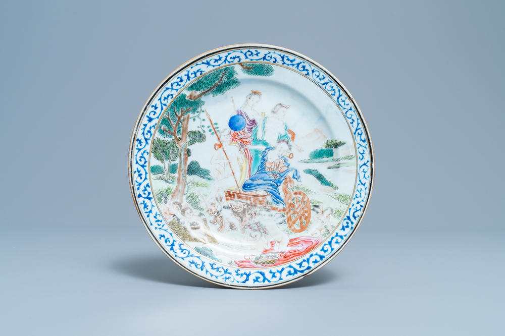 A Chinese famille rose 'Four elements' export porcelain plate depicting 'Earth', Qianlong