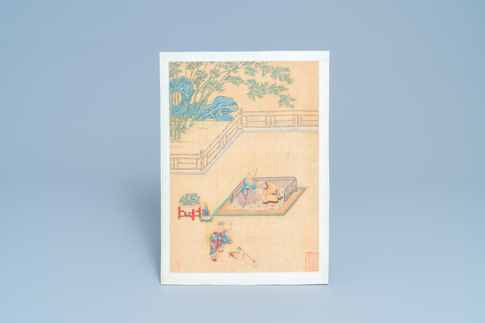 Ecole chinoise, encre et couleurs sur soie, 18/19&egrave;me: 'Un bouffon devant un vieux couple'