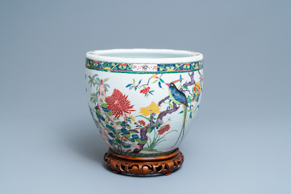A Chinese famille rose fish jardini&egrave;re with birds among blossoming branches, 19th C.