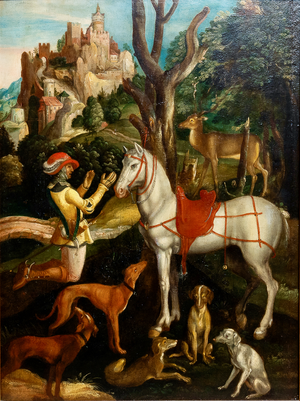 Ecole flamande d'apr&egrave;s Albrecht D&uuml;rer, 16/17&egrave;me, huile sur panneau: Saint Eustache ou Saint Hubert