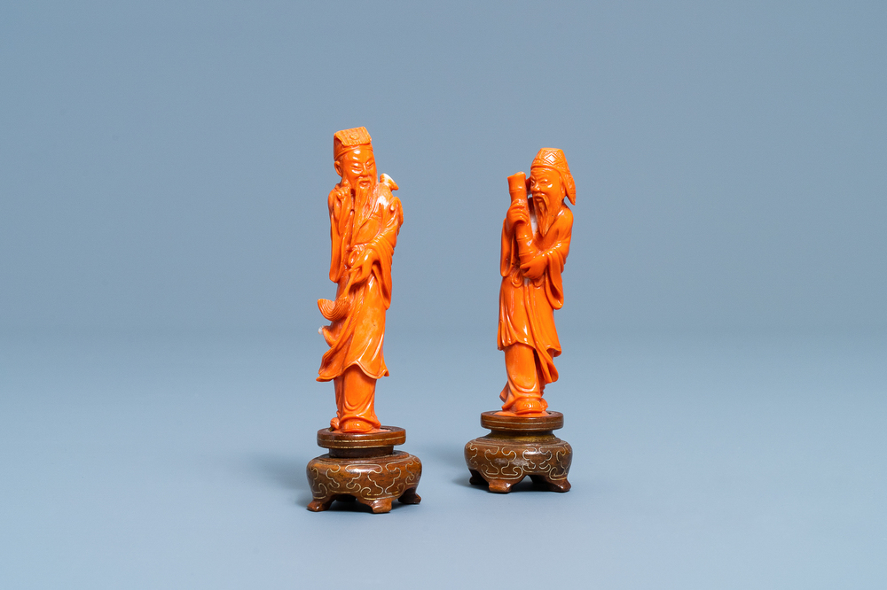 Deux figures d'immortels en corail rouge, Chine, 19/20&egrave;me