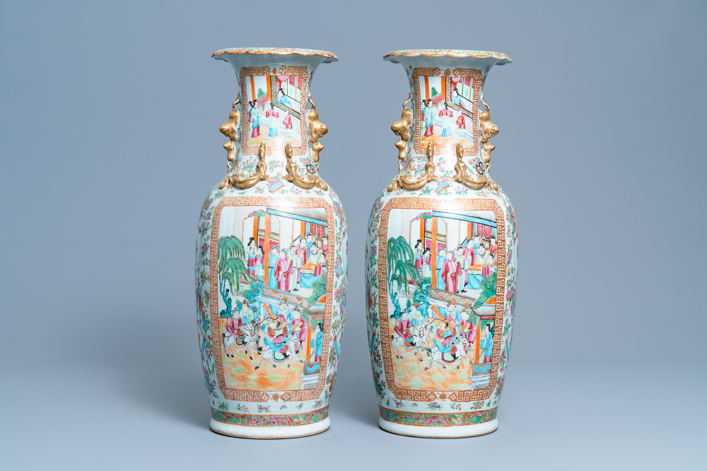 A pair of Chinese Canton famille rose vases, 19th C.