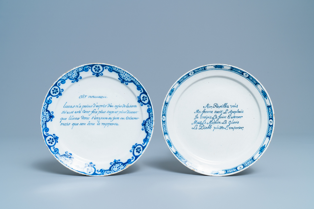 Two Dutch Delft blue and white text plates for the French market, 18th C.
