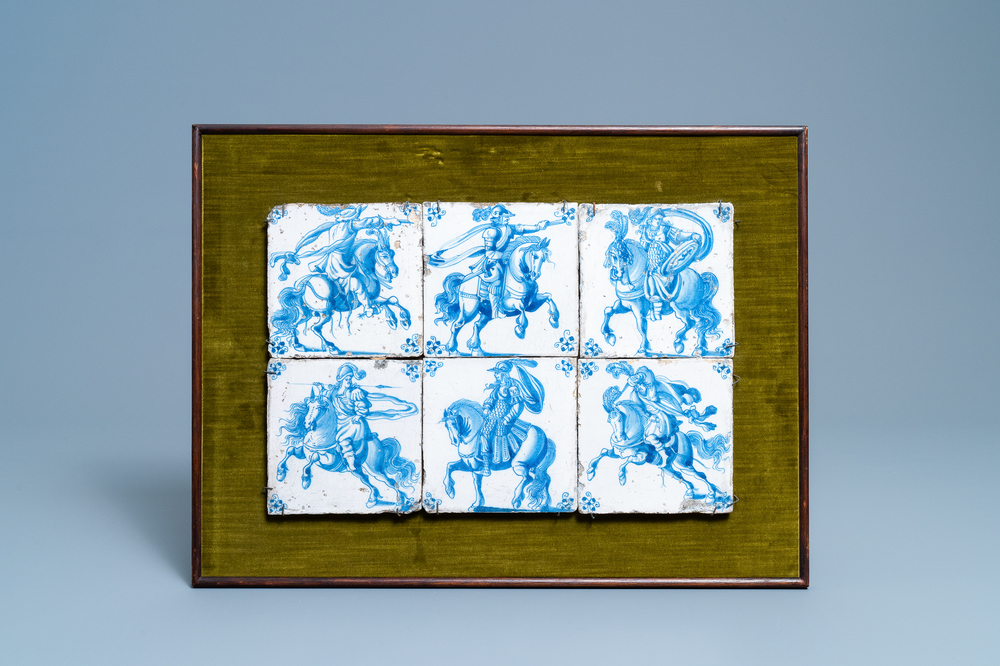 Six Dutch Delft blue and white 'horserider' tiles, 17/18th C.