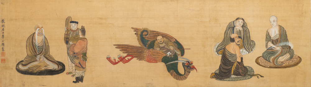 Chinese school, ink and colour on silk, 19/20th C.: 'Immortals and their servants'