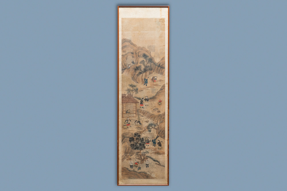 Ecole chinoise, encre et couleurs sur papier, 19&egrave;me: 'La fabrication du papier'