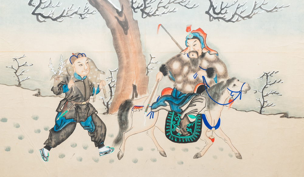 Chinese school, ink and colour on paper, 19/20th C.: 'Two equestrian hunting scenes'