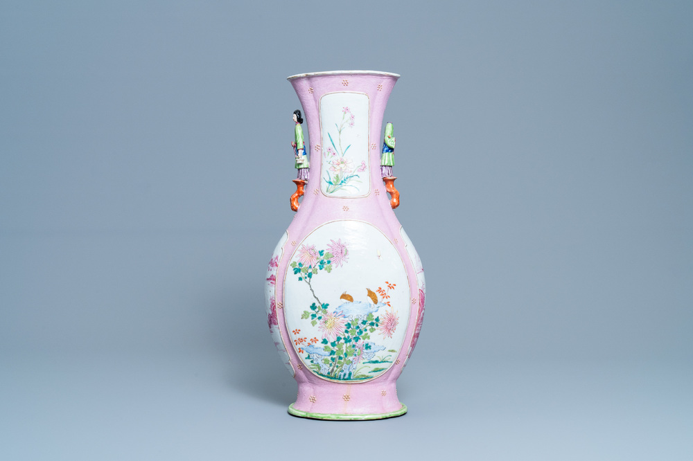 A Chinese famille rose vase with floral and landscape medallions, Qianlong