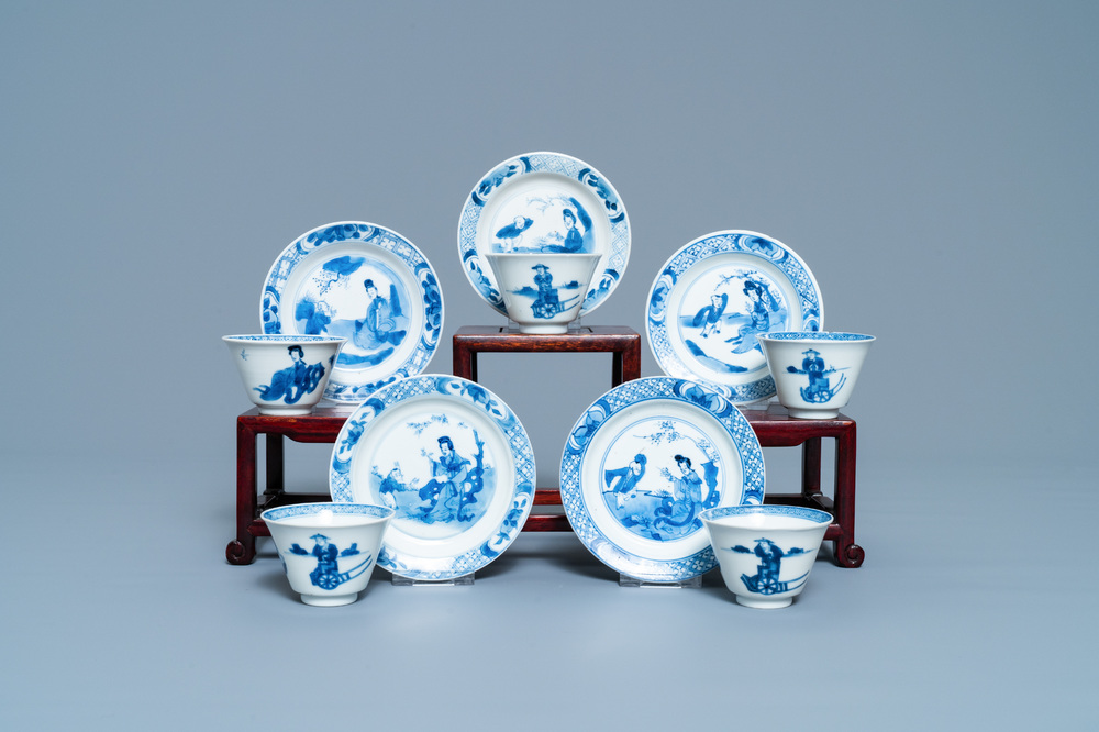 Five Chinese blue and white cups and saucers, Chenghua mark, Kangxi