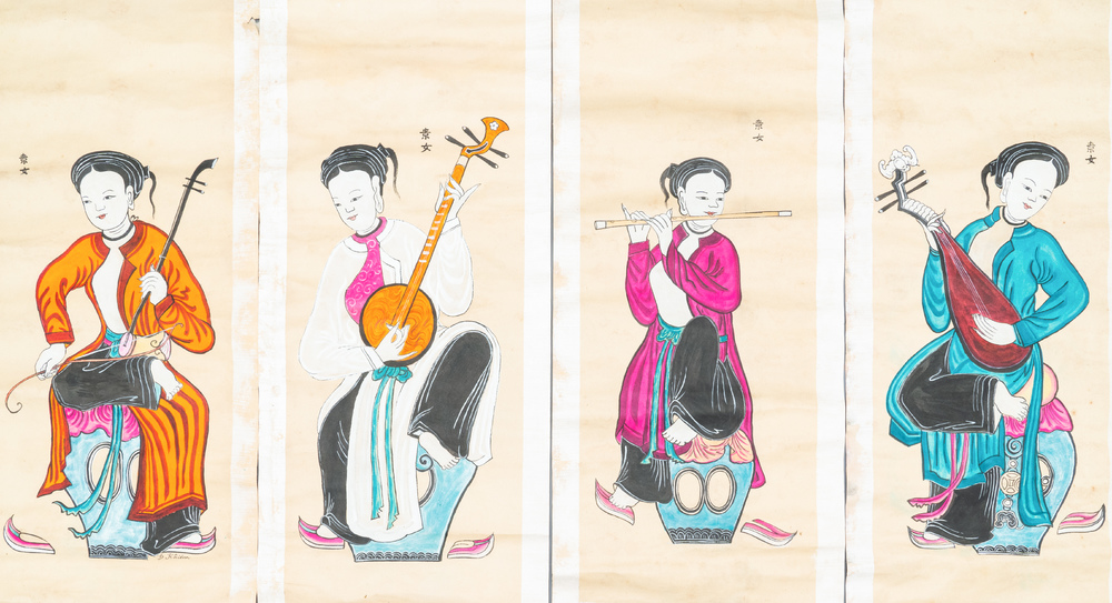 D. Khi&ecirc;m (Vietnam?), prints enhanced with ink and colour: 'Four female musicians'