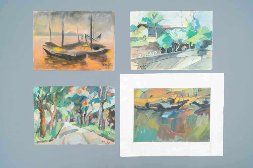 Doan Hong (Vietnam, 1960), huile et gouache sur papier, dat&eacute;s 1978: 'Quatre vues'