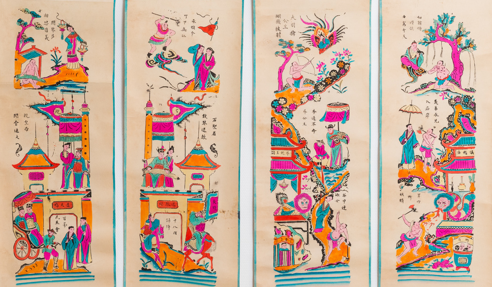 Ecole vietnamienne, estampes rehauss&eacute;es d'encre et de couleurs: 'Quatre rouleaux'