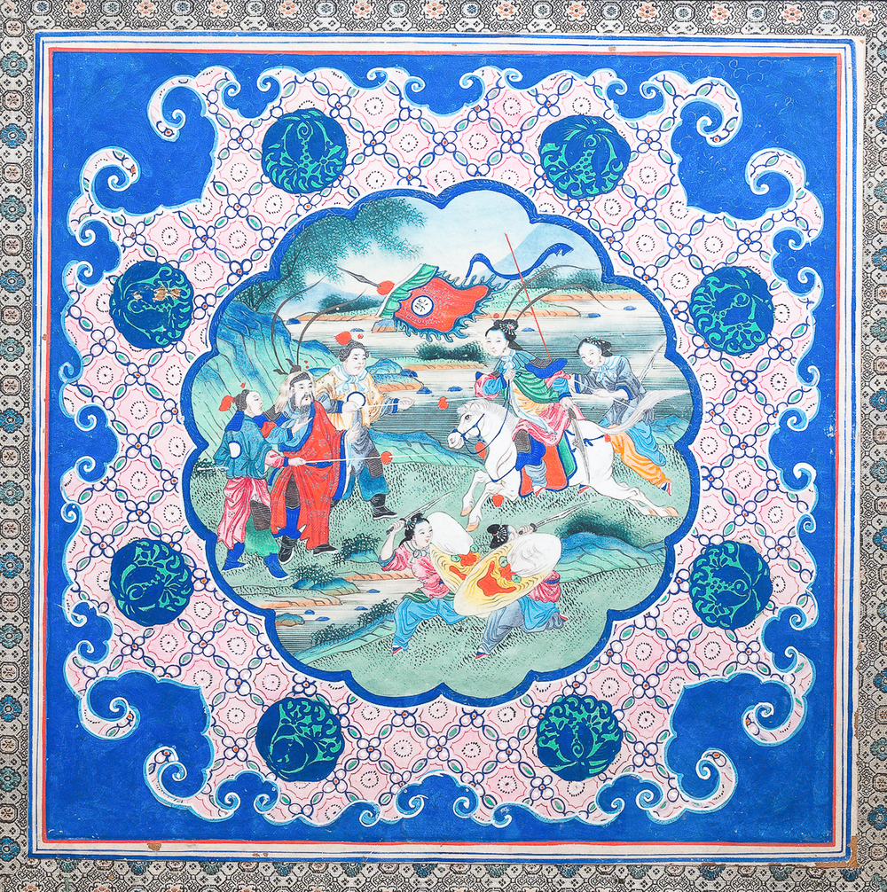 Ecole chinoise de Canton, encre et couleurs sur papier, 19&egrave;me: 'Deux cavali&egrave;res en bataille'