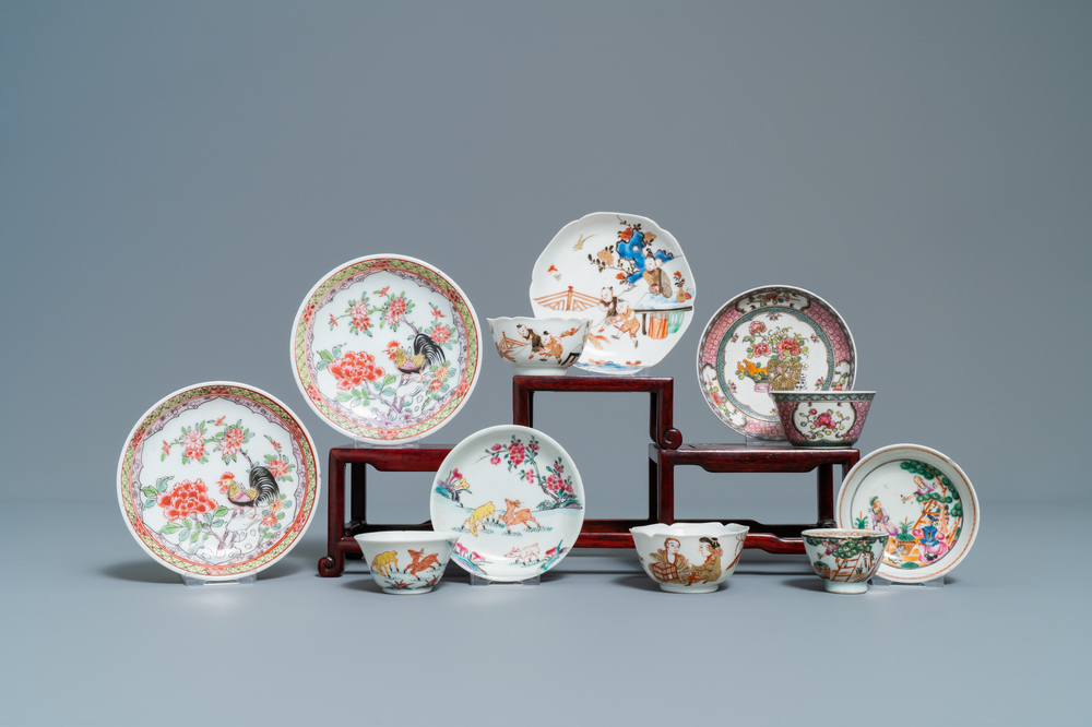 Six Chinese famille rose saucers and five cups, Kangxi and later