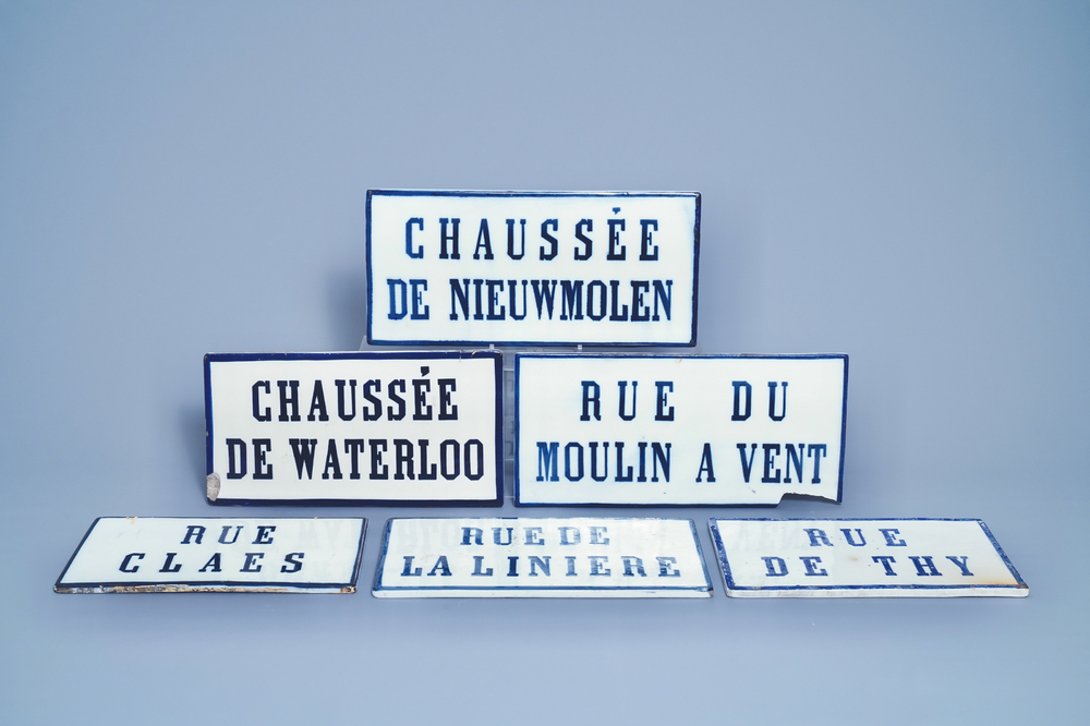 Six blue and white street name signs, Brussels porcelain, 19th C.