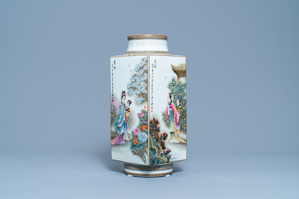 A Chinese famille rose cong vase, signed Zhang Songmao, dated 2002